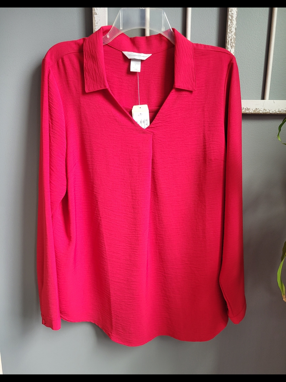 Christopher & Banks Women’s Red V-Neck Long Sleeve Blouse, Large